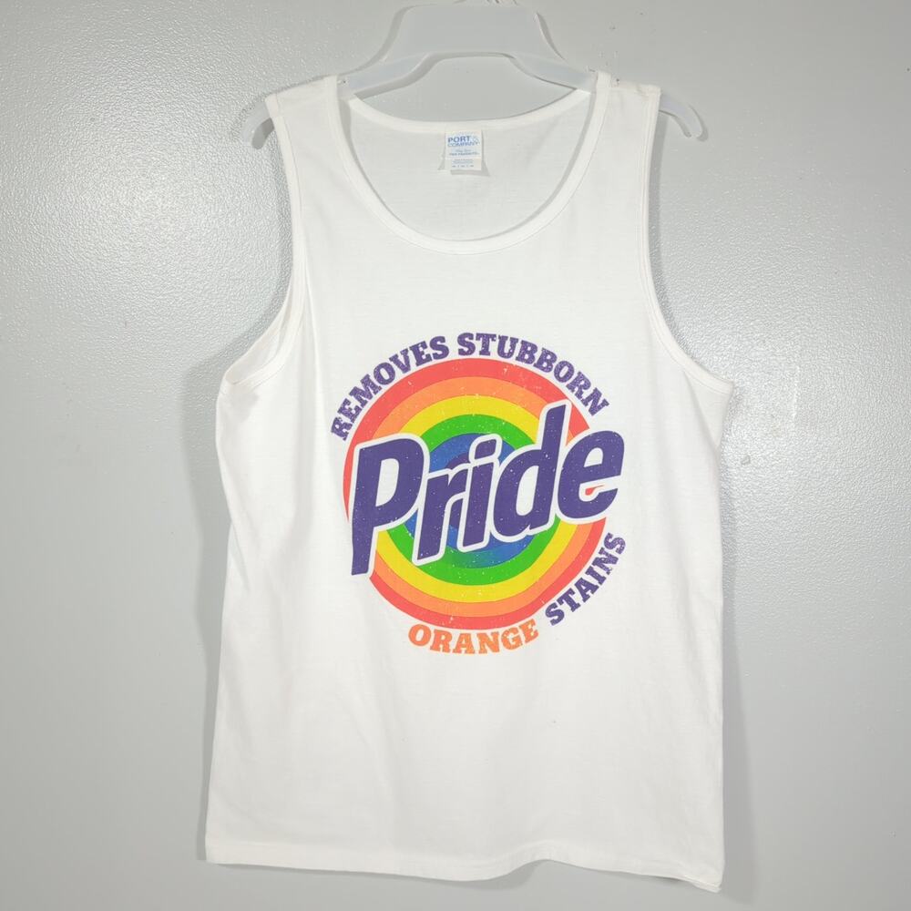 Medium White Pride "Orange Stains" Anti-Trump Graphic Tank Y2K Satire Streetwear